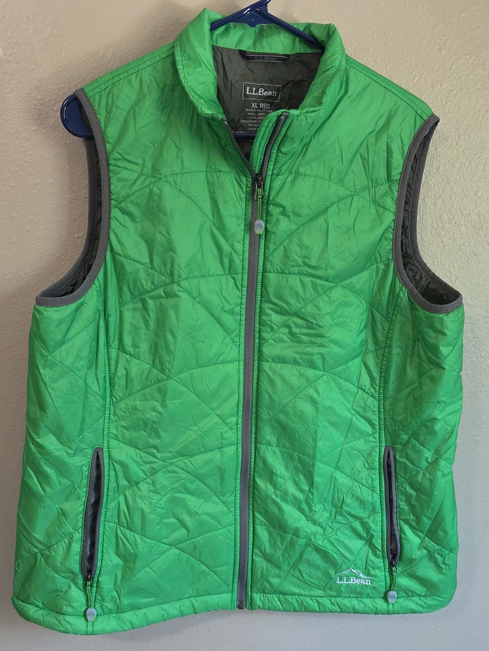 L.L. Bean Bright Green Quilted Vest with Gray Trim Xl Womens X Large Xlarge